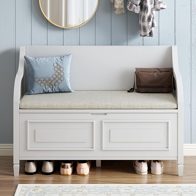 SOFTSEA 41.9" Storage Bench with Back, Entryway Shoe Bench with Cushion & Lift Top Storage, Rustic Shoe Storage Cabinet with Cushioned Seat for Entryway, Bedroom, Living Room (White)