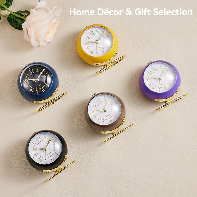 rjuwurv Metal Desk Alarm Clock, Retro Bedroom Table Vintage Analog Silent Non-Ticking Gold Alarm Clock, Bedside Decor(Coffee Brown)