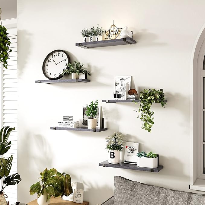 Fixwal Wall Shelves for Bedroom Set of 5, Width 4.7 Inches Floating Shelves, Rustic Wood Wall Storage Shelves for Bedroom, Living Room, Kitchen, Bathroom (Grey)