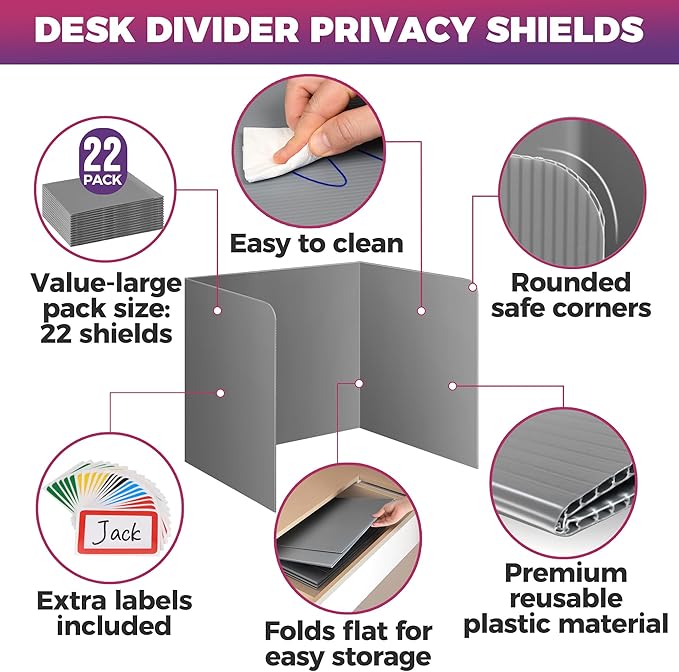 22-Pack Desk Dividers for Students - Waterproof & Durable Plastic Privacy Shield Divider, Classroom Folders Teacher Supplies, Easy-to-Clean Plastic Study Carrel Folder Boards for Student Desks, Grey