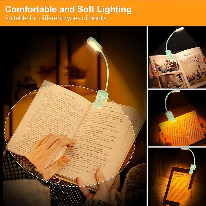Gritin 16 LED Rechargeable Book Light for Reading in Bed- Eye Caring 3 Color Temperatures, Stepless Dimming Brightness, 80 Hrs Runtime, Lightweight Flexible Clip on Light for Book Lovers-Cyan