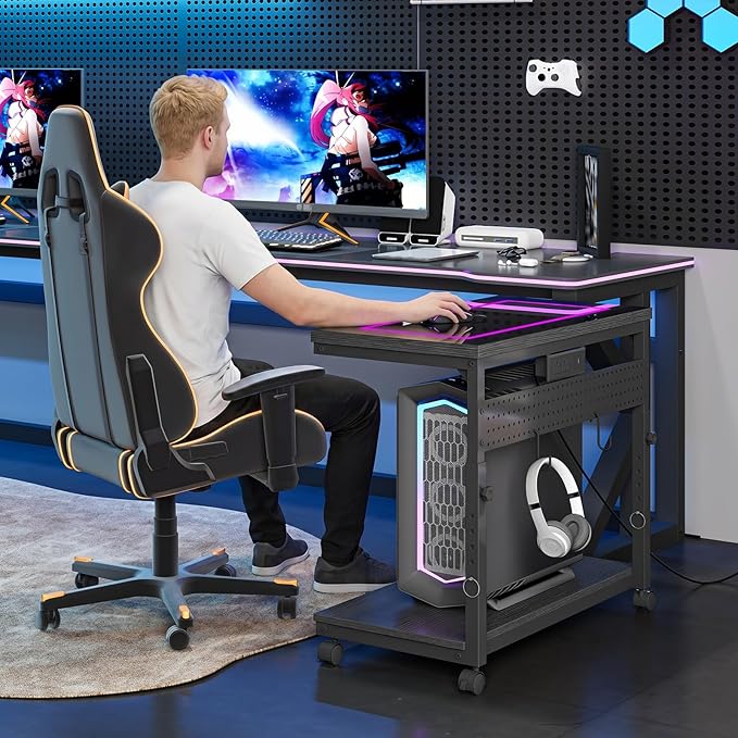 CHOEZON 31.5" Large Computer Tower Stand with Power Outlet, Under-Desk PC Cart with 2 Hooks, PC Stand with LED, Height Adjustable PC Tower Holder on Wheels, for Living Room, Office, Black TCJ51UDBB