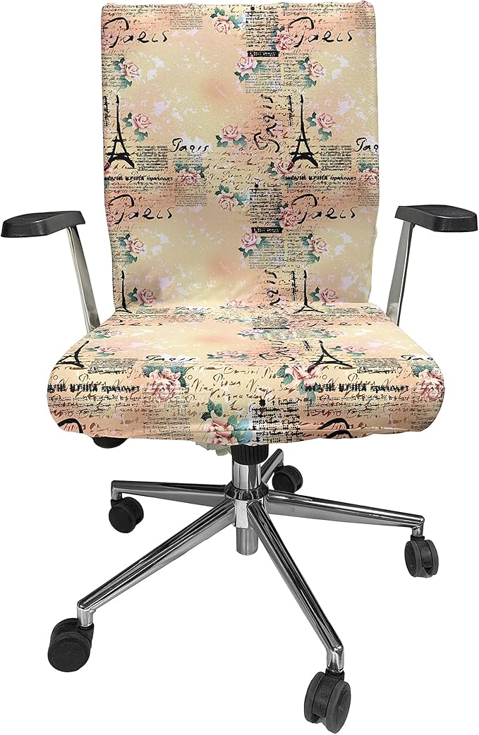 Ambesonne Modern Office Chair Cover, French Paris Themed Lettering with Floral Leaves Details Art, Stretchable Decorative Universal Size High Back Printed Slipcover, Pink Black