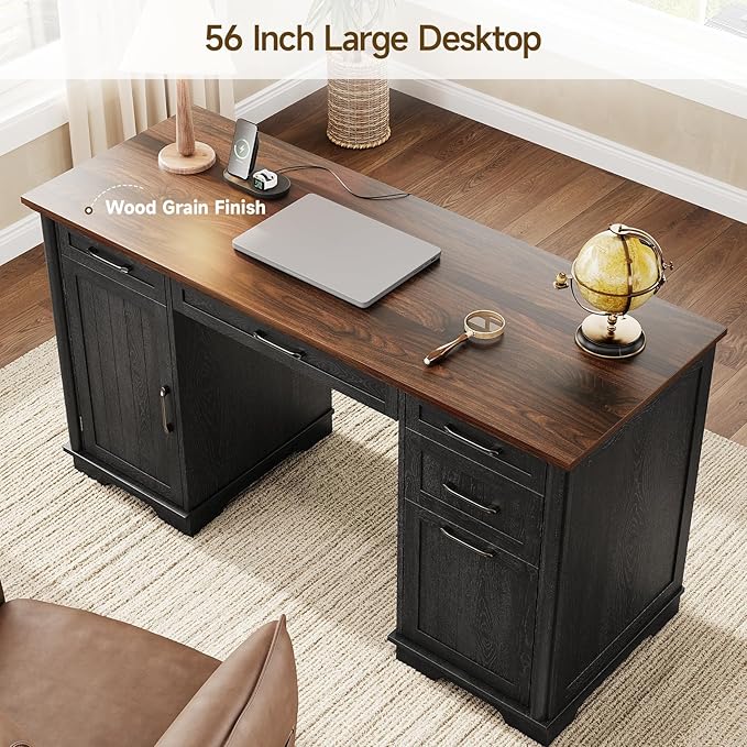 ONBRILL 56" Large Executive Desk with Drawers,Modern Farmhouse Home Office Desk with Charging Station, Wood Computer Writing Desk with File Drawer for Study Work Bedroom Living Room Black