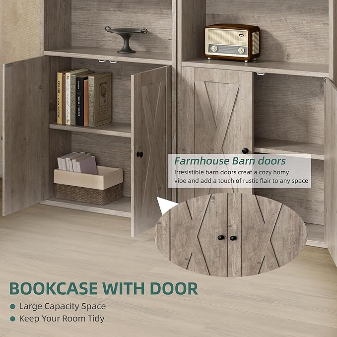 Modern Bookshelf with Doors, Industrial Bookshelves with 6-Tier Shelf, 71 inches Tall Bookcase Display Cabinet with Storage for Home Office, Gray