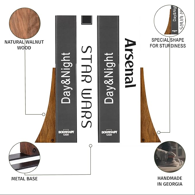 TILISMA Walnut Bookends for Shelves | Wooden Book Ends for Shelves | Sturdy Book Holders, Stoppers with Metal Base for Bookshelves | Slick Decorative Bookends Stands Firmly on Bookshelf (Pair)
