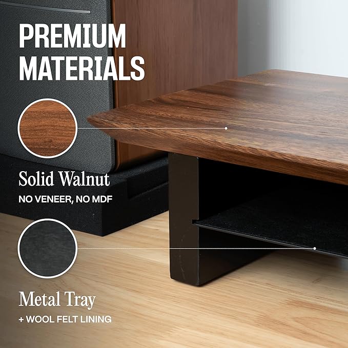 COREMINDED Solid Wood Dual Monitor Stand Riser – 43" Walnut Desk Shelf for 2 Monitors with Tray & Wool Felt, Organizer for Desktop, Laptop and Office (Walnut)