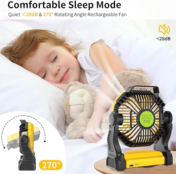 TDLOL Portable Camping Fan Cordless Battery Powered，270° Rotating Portable Battery Operated Rechargeable Fans, 360° Hanging Hook, USB Personal Outdoor Camping Fans for Tents,Travel X23 Yellow