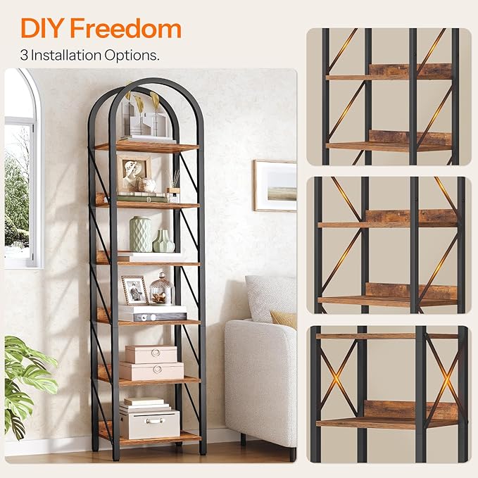 HOOBRO Bookshelf, 6-Tier Arched Bookshelf, Industrial Bookcase with Metal Frame, Tall Book Shelf Storage Organizer for Living Room, Office, Bedroom, Rustic Brown and Black BF426SJ01
