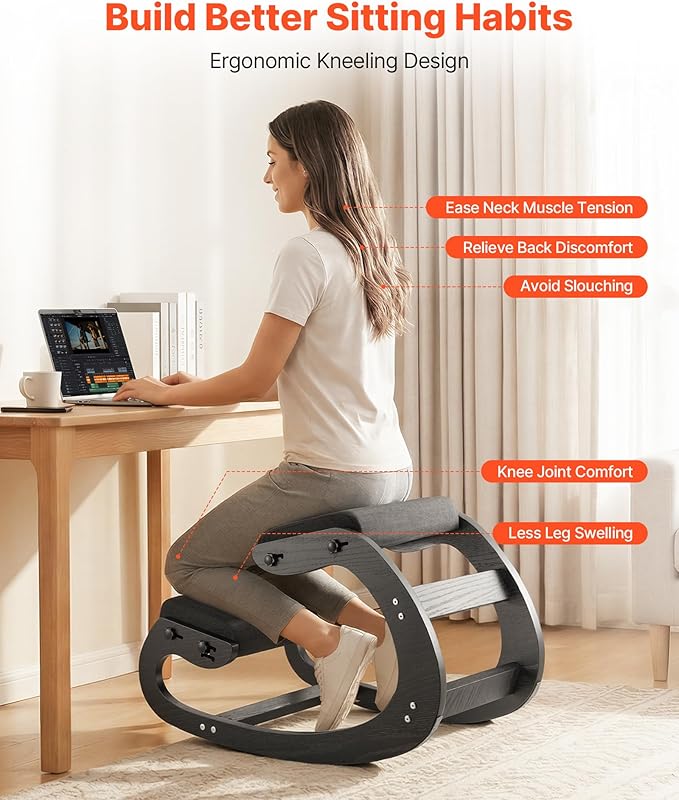 VEVOR Ergonomic Kneeling Chair, Wooden Posture Knee Chair with Adjustable Thick Foam Cushions & Solid Wood Frame, Adjustable Height, Relief for Neck or Back Pain for Home, Office or Meditation, Black