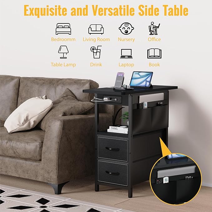 Yenlure Small Side Table with Charging Station, Narrow Nightstand Bedside Tables with Storage Pocket for Living Room Bedroom, Sofa End Table with USB Ports and Power Outlets for Small Spaces