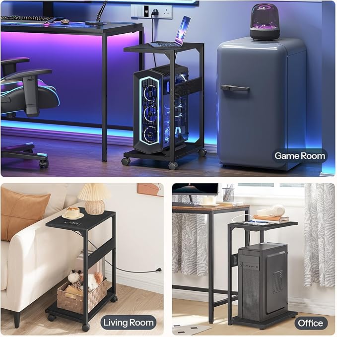 HOOBRO Computer Tower Stand, PC Stand with Charging Station, 2-Tier Under Desk CPU Holder with Lockable Wheels, PC Floor Cart Fits Most Computer Towers, for Home Office, Black BB01UCJ01G1