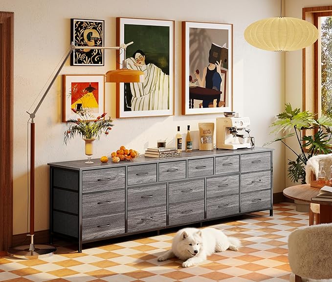 Huuger 77.6" Long Dresser for Bedroom, 16 Drawer Fabric Dresser for Closet, Wide Chest of Drawers with Storage, TV Stand for 65, 75, 85 Inch TV, 77.6" W x 12.9" D x 26.7" H, Grey