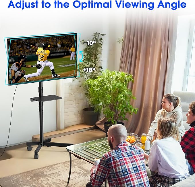 Mobile TV Stand for 23-60 Inch LCD LED OLED Flat Panel Curved Screen TVs up to 88 lbs, Tilt and Height Adjustable, Locking Rolling Wheels TV Cart with Shelf, Max VESA 400x400mm, Black