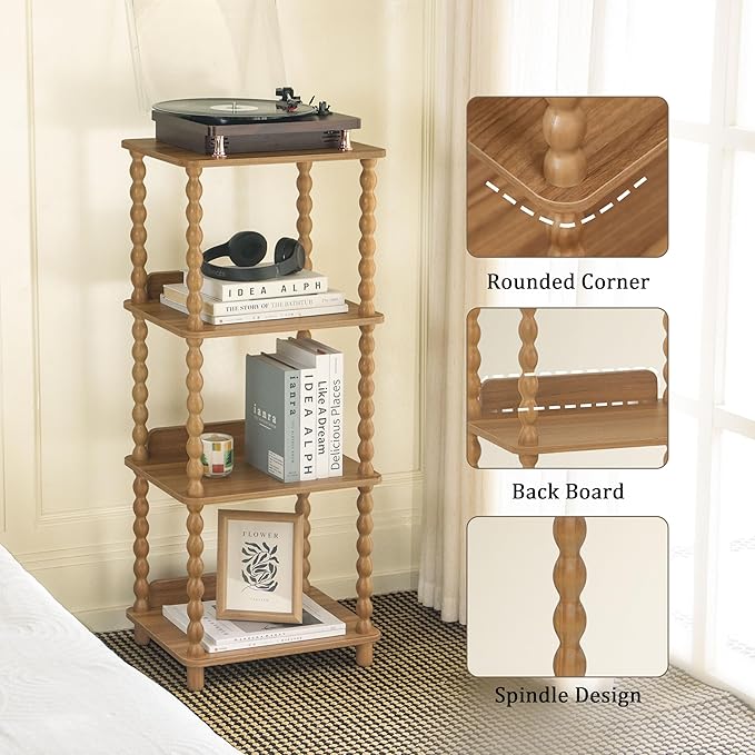 Fultyle Bookshelf, 4-Tier Bookcase with Open Shelves, Vintage Book Shelf for Small Spaces, Bedroom, Living Room and Office with Solid Wood Legs (Caramel Tan)
