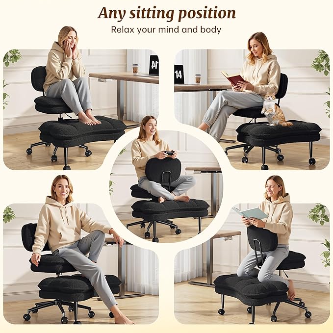 DurayLoly Criss Cross Chair, Ergonomic Office Chair with Wheels & Backrest, Cross Legged Office Chair with Foot Rest for ADHD, Height Adjustable, Thicken Cushion, Teddy Fabric, Black