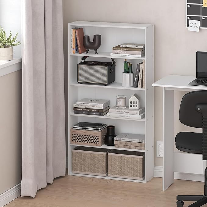 Furinno Basic Book Shelf, 5-Tier Bookshelf, Storage Organizer Bookcase with Open Shelf, 7 x 24 x 44, for Living Room, Bedroom, Home Office, White