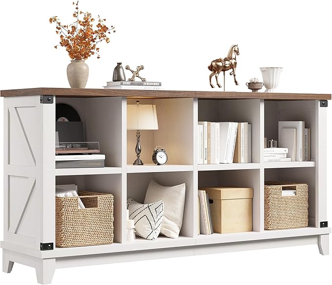 EnHomee 8 Cube Bookshelf, Farmhouse Cube Storage Organizer, Book Shelf for Entryway, Living Room, Office, White, Wood