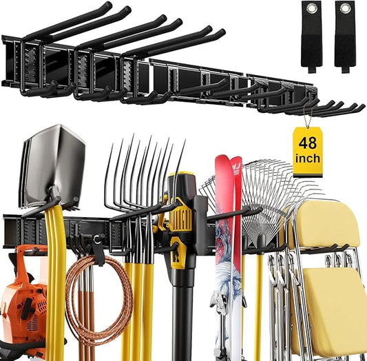48" Garage Tool Organizer Wall Mount, 660lbs Heavy Duty Steel Garden Tool Storage Rack with 9 Adjustable Hooks for Yard, Shed, Garage (3 Racks, 9 Hooks, 2 Straps)