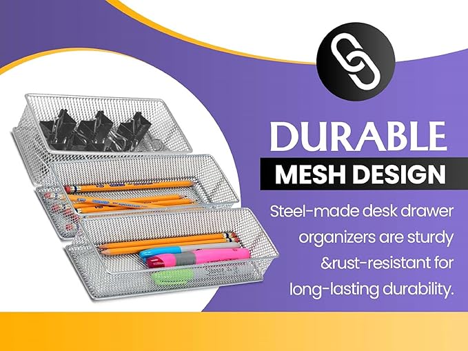 YBM HOME Silver Mesh Drawer Organizer and Storage for Kitchen Drawers, Serves as School Supply Holder, Office Desktop Organizer Basket, Makeup and Craft Supplies Organization, (12 Pack, 8x12x2 Inch)