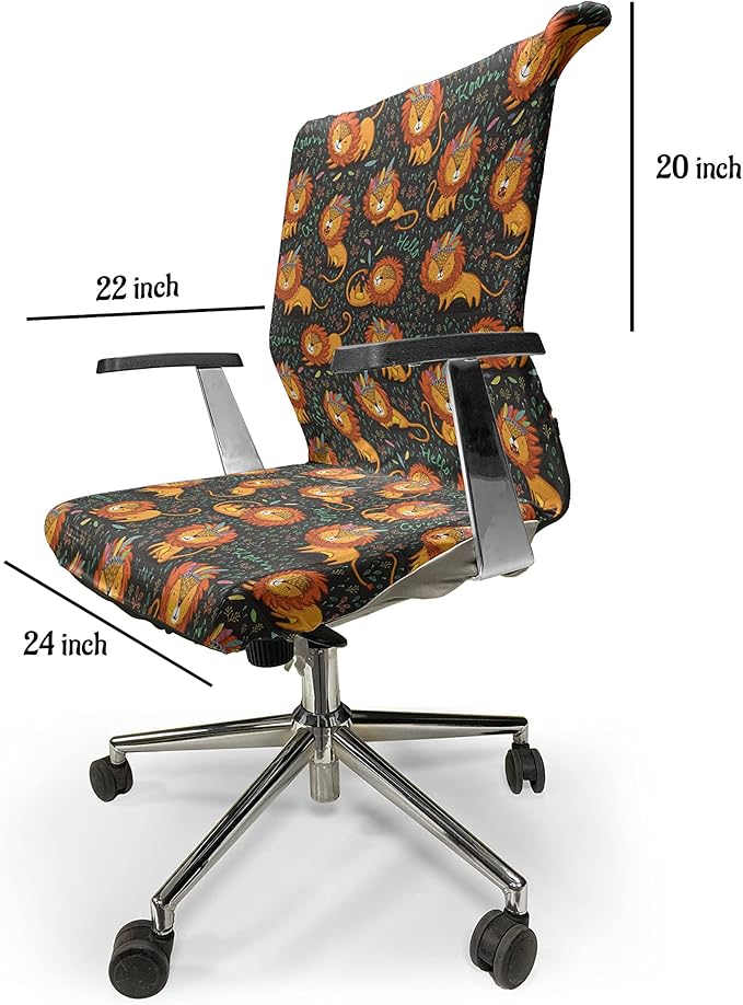 Ambesonne Cartoon Office Chair Cover, Lions Illustrations Tribal Theme Feathers and Floral Strokes King of The Jungle, Stretchable Decorative Universal Size High Back Printed Slipcover, Orange Black