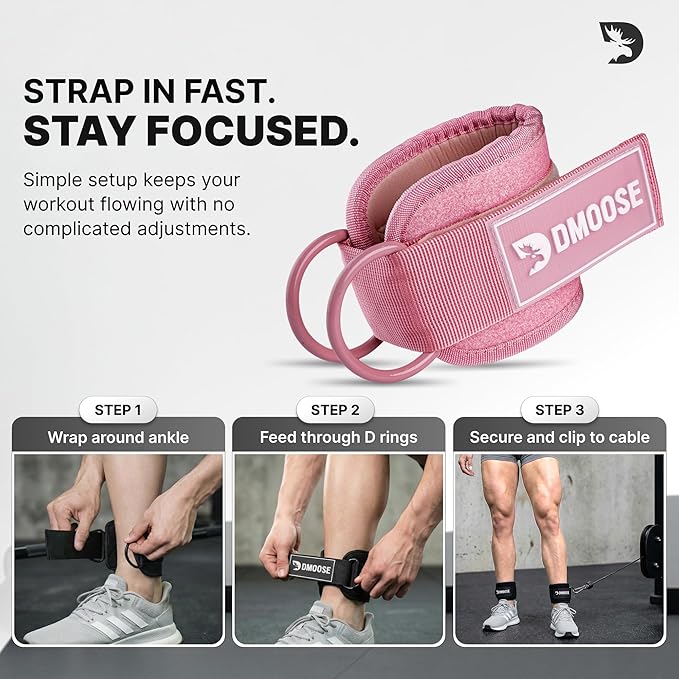 DMoose Fitness Ankle Strap for Cable Machine - One Size Fit with Premium Padding Cuffs, Ankle Bands for Working Out, Booty Workouts, Leg Extension, Hip Abductors, Kickbacks & Lower Body Exercises