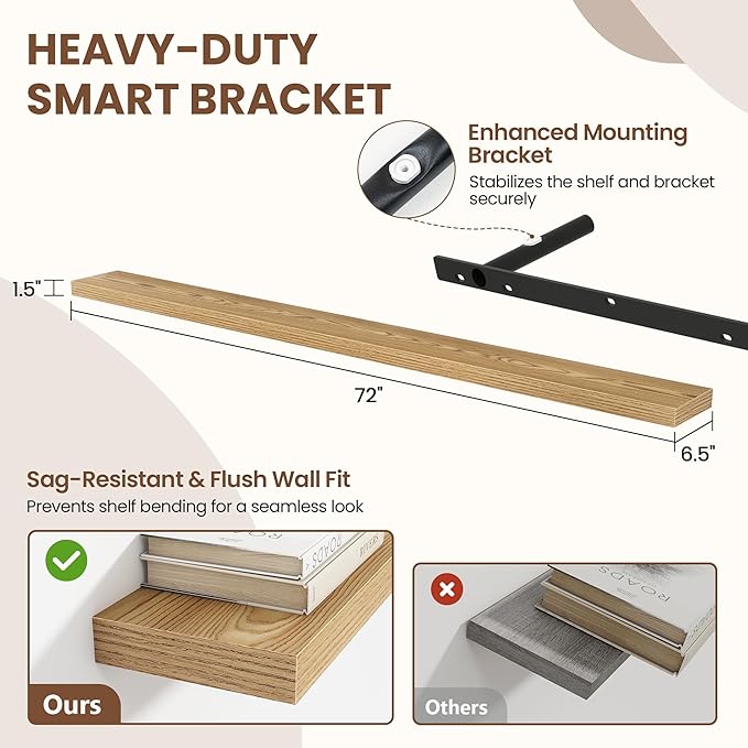 Acovy 72 Inch Floating Shelves for Wall 2 Pack, 72" Wall Shelves for Books, Storage, Decor, Wall Mounted Floating Shelf with Invisible Brackets for Kitchen, Living Room, Light Brown