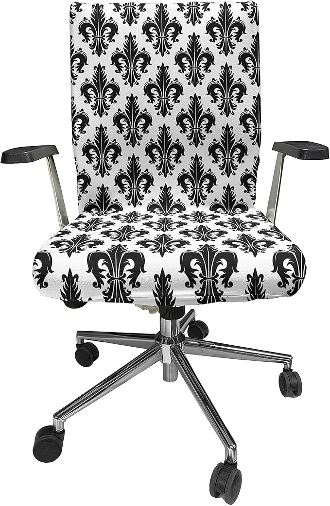 Ambesonne Fleur De Lis Office Chair Cover, Monochrome Royal Lily Pattern Victorian Inspiration Ornamental Vintage Design, Stretchable Decorative Universal Size High Back Printed Slipcover, Black White