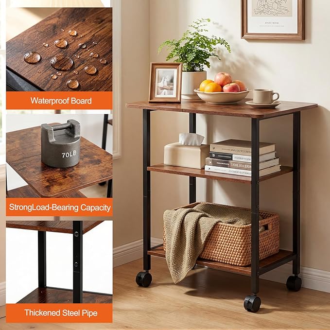 King Oasis 3-Tier Printer Stand with Wheels, Industrial Mobile Printer Cart with Storage Shelf for Home Office Organization, 3D Printer, Side Table for Living Room, Bedroom, Rustic Brown