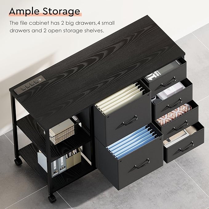Maihail 6 Drawer File Cabinet with Charging Station Rolling Printer Stand with Open Storage Shelf Fabric Lateral Filing Cabinet for Home Office,Black