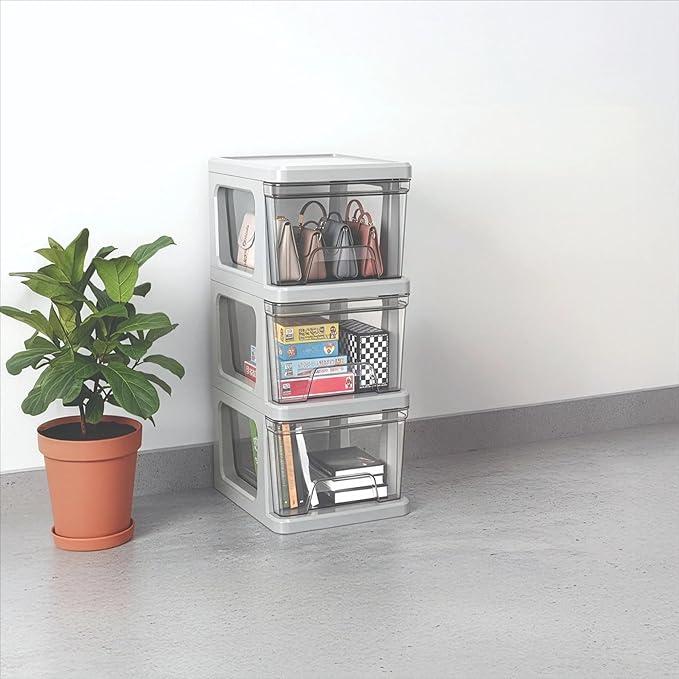 Plastic Drawer Wide Tower Plastic Storage Cart with Clear Pull Out Drawers, Silver (3 Drawer Wide Tower)