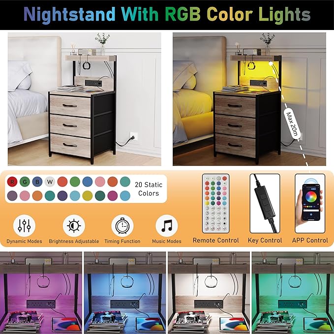 SZLHANJZ Night Stand Set 2 with LED Lights for Bedroom, Bedside Nightstands with Power Outlet and Type C Port, Matching Tables with 3 Fabric Drawers, Hooks, and Shelves, Greige