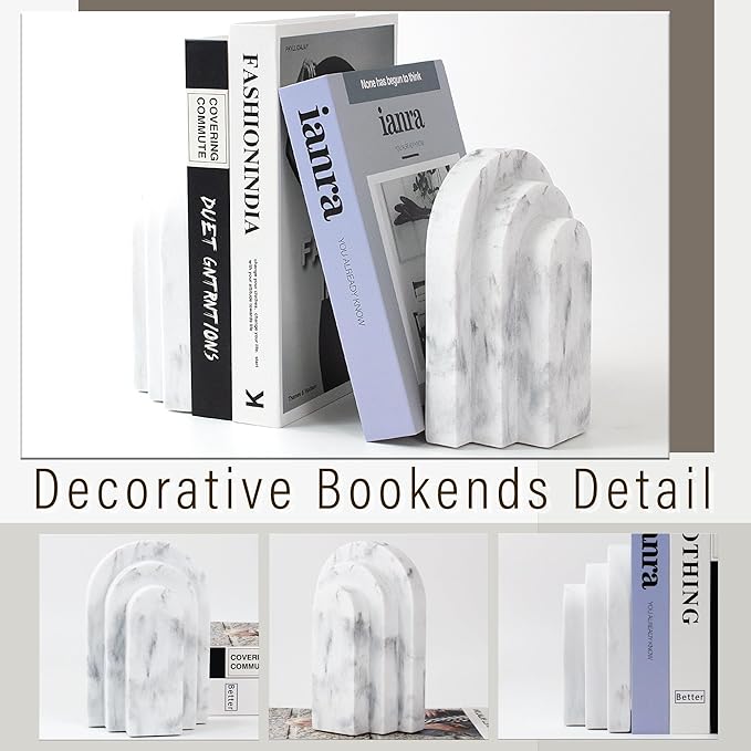 Heavy Duty Bookends for Shelves, 6.6 LBS Heavy Book Ends for Heavy Books, Decorative Modern Bookends with Faux Marble Look, Layered Arch Book Stopper for Bookshelf Holder Set of 2, Marble White