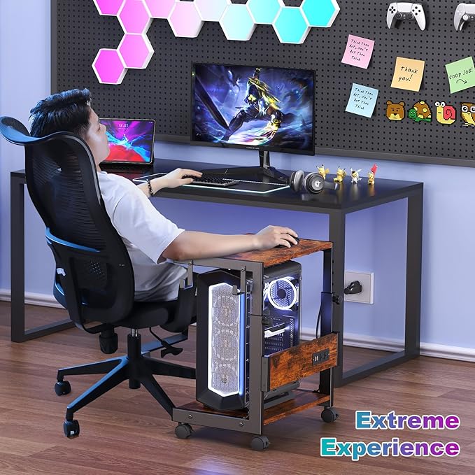 Computer Tower Stand with Charge Station and USB Charging Port - Height Adjustable PC Tower Stand, Under Desk CPU Holder Cart with Locking Caster Wheels for Fits Most PC