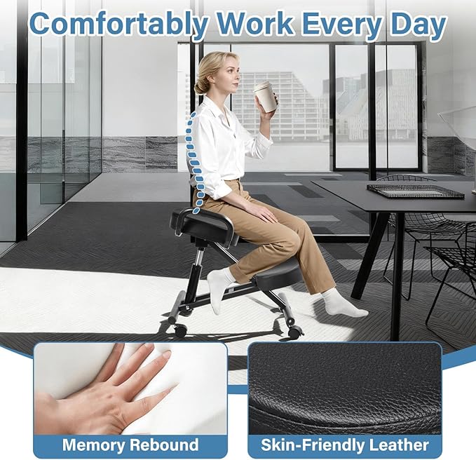 Ergonomic Kneeling Chair, Height Adjustable Stool for Home and Office, PU Kneeling Chair for Desk to Relieve Back Discomfort, Thick Moulded Foam Cushions Brake Casters