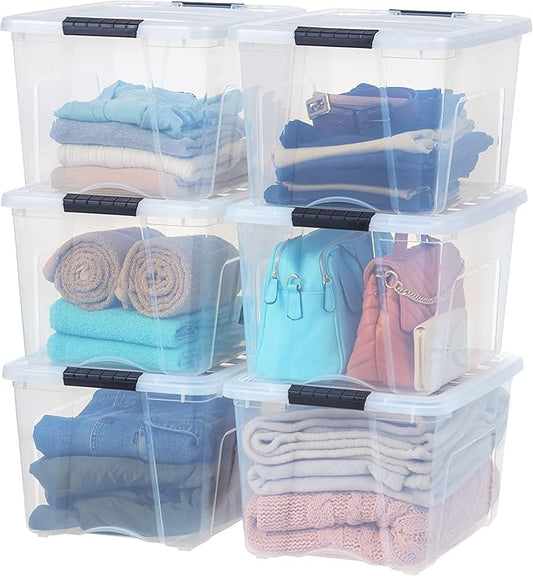 IRIS USA 40 QT Plastic Storage Box with Lid and Latches - 6 Pack - BPA-Free, See-Through Organizing Solution, Durable Nestable Stackable Containers, Secure Pull Handle - Clear