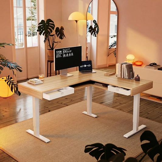 HUANUO Electric L Shaped Standing Desk, 63″ Height Adjustable Corner Standing Desk with 2 Under Desk Drawers & Open Storage Sapce, Stand Up Table with Power Strip Tray & Cable Grommets, Light Walnut