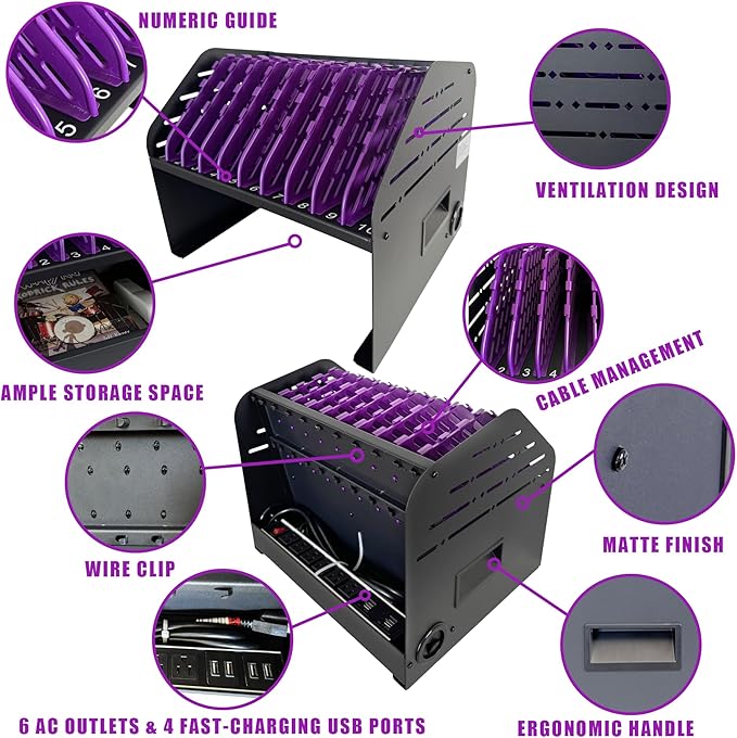 Laptop Charging Station for Classroom, Office, or Home, 10-Device Organizer with 6 AC Outlets & 4 USB Ports, Fits Laptops, Tablets & E-Readers up to 1.375" Thick, 15.3" x 13" x 13"