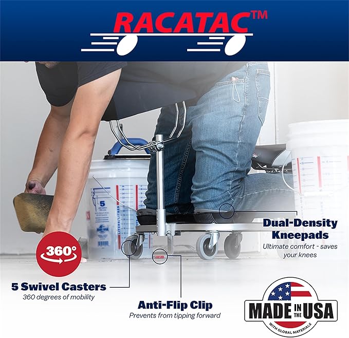 Racatac Kneeling Sitting Creeper with Chest Support and 3 Inch Casters, Rolling Knee Pads with Seat, Creeper for Flooring Installation, Made in USA, 01RAC3CS