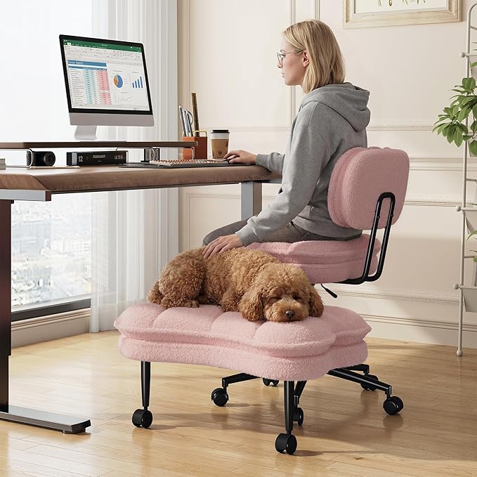 DurayLoly Ergonomic Criss Cross Office Chair, Swivel Chair with Wheels & Backrest, Comfy Office Chair with Foot Rest for ADHD, Height Adjustable, Thicken Cushion, Teddy Fabric, Light Pink