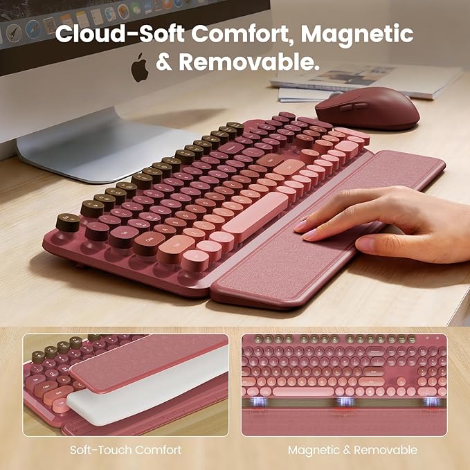 Wireless Keyboard and Mouse Combo, Magnetic Soft-Touch Wrist Rest, Round Keycaps, Full-Size Retro Typewriter Keyboard, 2-Stage Tilt Legs, Auto Sleep, 2.4GHz Cordless for Windows PC, Rose Pink Ombre