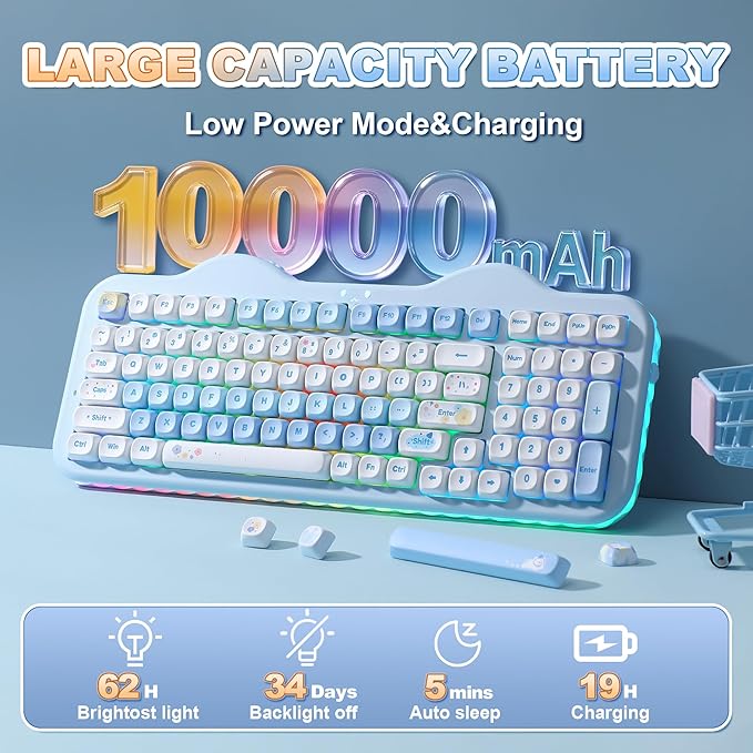 YUNZII C98 Wireless Mechanical Keyboard with Number Pad,98 Key BT5.0/2.4G/USB-C Hot Swap Gasket Mount with PBT MOA Keycaps,Custom RGB,Cute Cake Keyboard for Win/Mac (Blue, Candy Linear Switch)