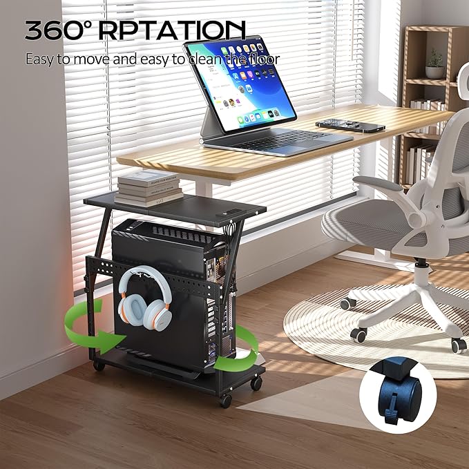 24In Large PC Stand, 5 Levels Height Adjustable Computer Tower Stand with Charging Station, Wheels and Hooks, CPU Holder Cart for Floor, Carpet and Under Desk, Easy Assembly（with Power Strips）