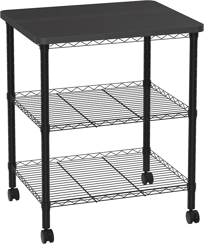 Printer Stand with Locking Wheels, Adjustable Heights 3 Tier Under Desk Table, Rolling Printer Cart Storage Paper Files Holder for Desk, Office, Home, Black