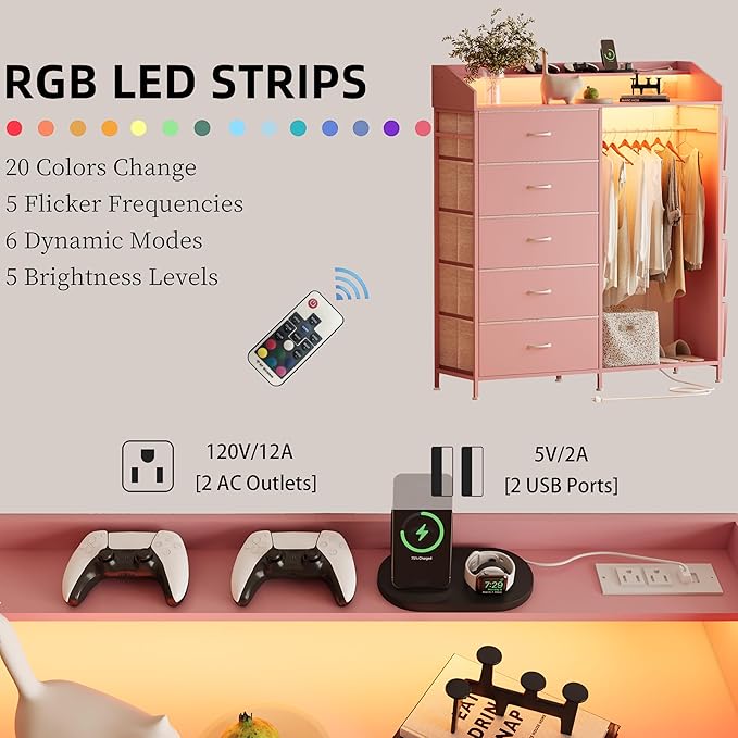 LUMTOK 2-in-1 Dresser with Hanging Racks,5 Fabric Drawers Dressers with LED Lights, Charging Station for Bedroom Living Room, Entryway, Closets (Pink)