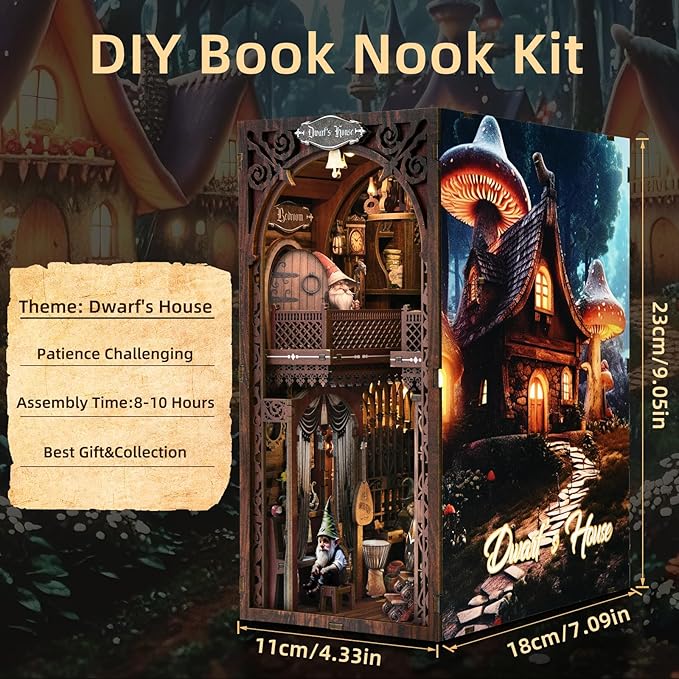 TOYQI Book Nook Kit, Book Nook Kits for Adults, DIY Miniature Dollhouse Kit 3D Wooden Puzzle Booknook Bookend with LED Light