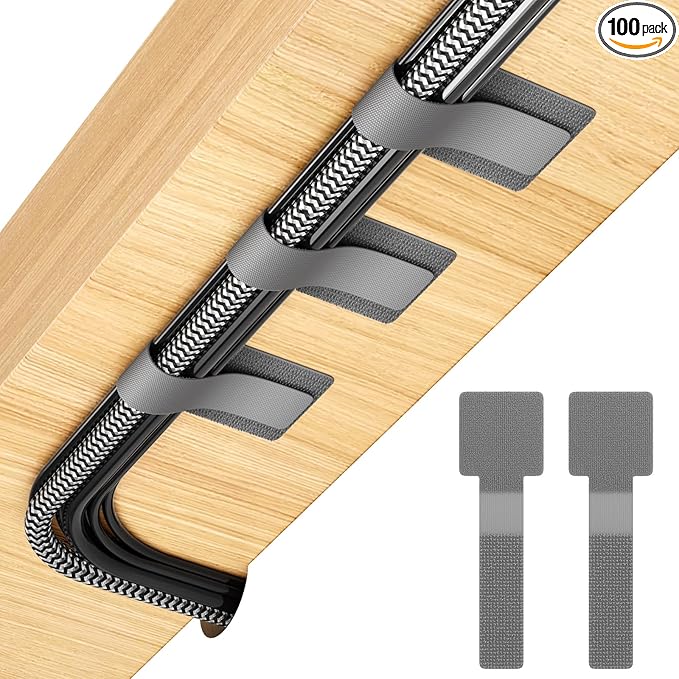 100Pcs Cable Straps Hook and Loop Cable Ties - Cable Holder for Desk Cable Management Under Desk - Computer Cord Organizer for Home Office Gaming Setup - Grey