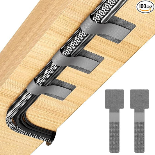 100Pcs Cable Straps Hook and Loop Cable Ties - Cable Holder for Desk Cable Management Under Desk - Computer Cord Organizer for Home Office Gaming Setup - Grey