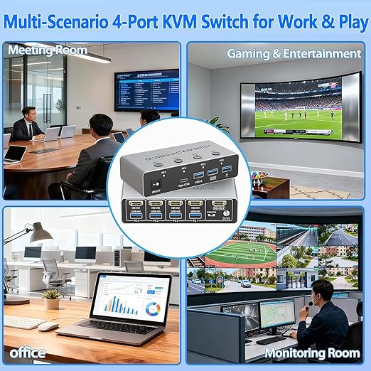 【4PC Switch】HDMI 2.1 KVM Switch 4 Computers Share 1 Monitor, 8K@60Hz HD Switch with 3 USB 3.0 & 1 Type-C Hub, Wired Remote, Control Keyboard Mouse Printer, Aluminum Shell, Compatible with Mac Windows