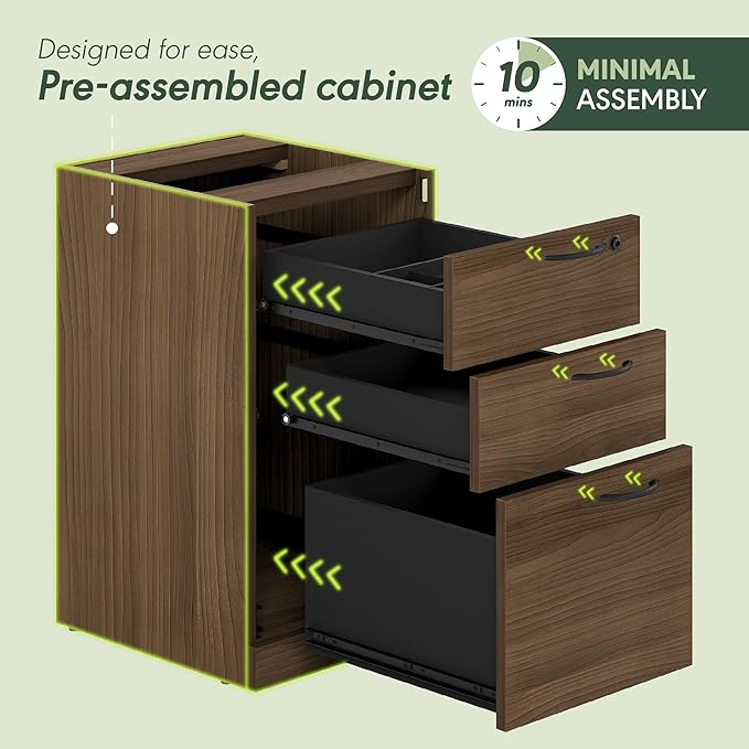 Furinno Roger File Cabinet, 3-Drawer Fixed Pedestal Filing Cabinet with Lock, Soft-Close Drawers with Drawer Organizer, for Home Office, Modern Walnut